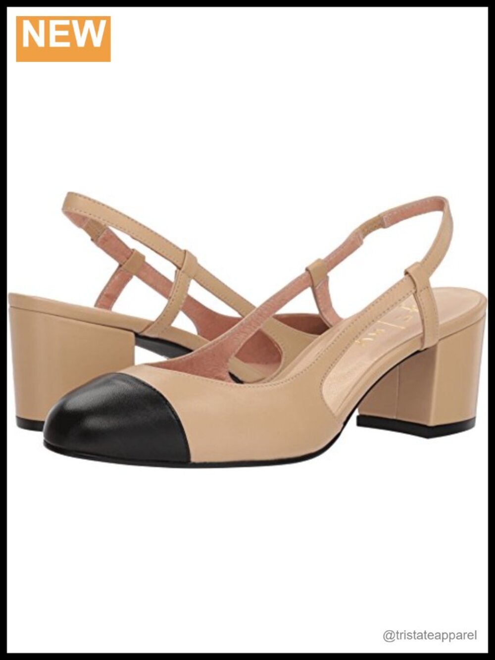 Leather Slip-On Slingback Pumps Block Heel Cap Toe Dress Shoes